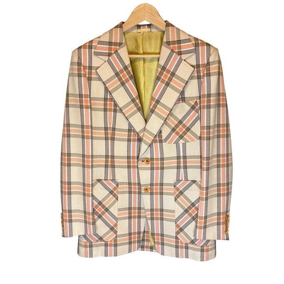 Vintage 1970s Saxony Hall Men's Blazer Jacket Size 39 Plaid Wide Lapel Mod Disco - Picture 1 of 15